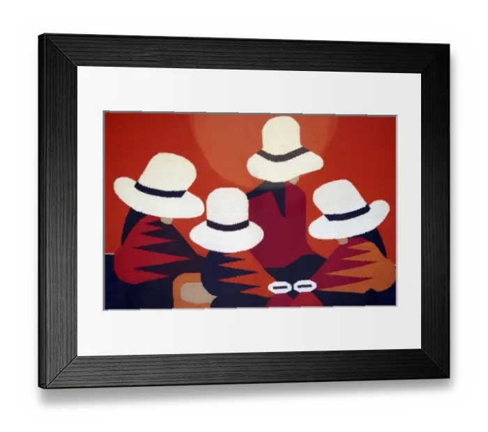 Framed Print : Colorful blanket picturing indigenous women at the market in Otavalo, Ecuador Framed Print : Colorful blanket picturing indigenous women at the market in Otavalo, Ecuador
