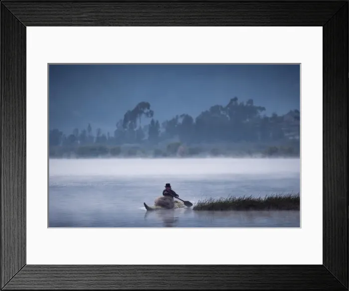 Framed Print : Otavalo Indian Fisherman using Tradition Reed Boat, Lake San Pablo near Otavalo, Andes