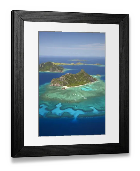 Framed Print : Monuriki Island and coral reef, Mamanuca Islands, Fiji, South Pacific - aerial
