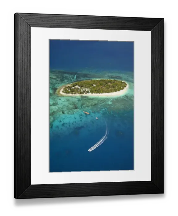 Framed Print : Treasure Island Resort and boat, Mamanuca Islands, Fiji, South Pacific - aerial Framed Print : Treasure Island Resort and boat, Mamanuca Islands, Fiji, South Pacific - aerial