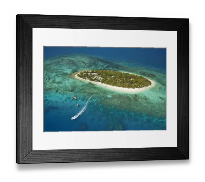 Framed Print : Treasure Island Resort and boat, Mamanuca Islands, Fiji, South Pacific - aerial Framed Print : Treasure Island Resort and boat, Mamanuca Islands, Fiji, South Pacific - aerial
