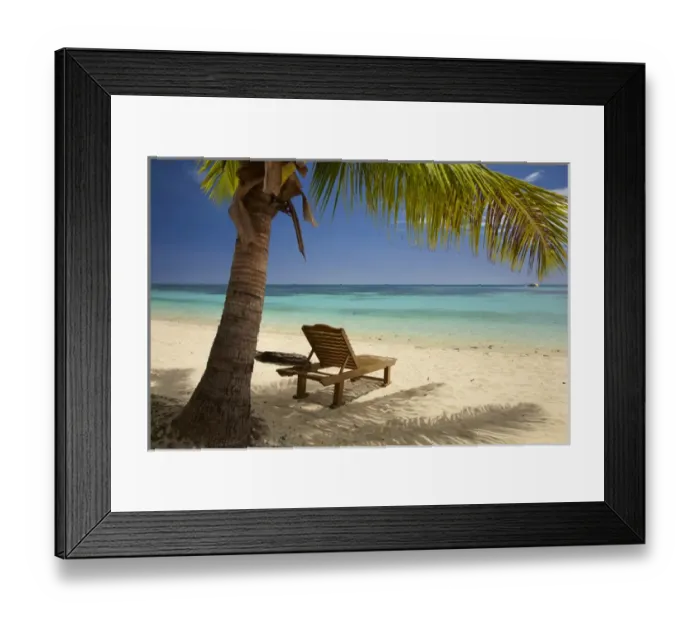 Framed Print : Beach, palm trees and lounger, Plantation Island Resort, Malolo Lailai Island, Mamanuca Islands