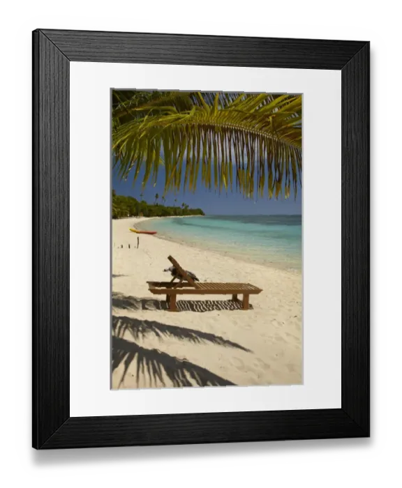 Framed Print : Beach, palm trees and lounger, Plantation Island Resort, Malolo Lailai Island, Mamanuca Islands