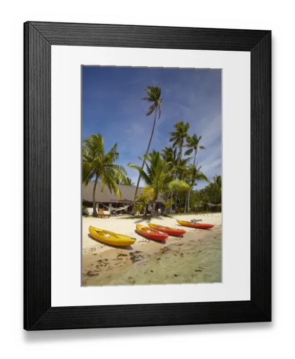 Framed Print : Kayak on the beach, and waterfront bure, Plantation Island Resort, Malolo Lailai Island Framed Print : Kayak on the beach, and waterfront bure, Plantation Island Resort, Malolo Lailai Island