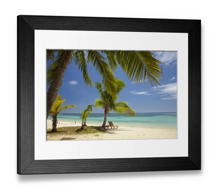 Framed Print : Beach, palm trees and lounger, Plantation Island Resort, Malolo Lailai Island, Mamanuca Islands