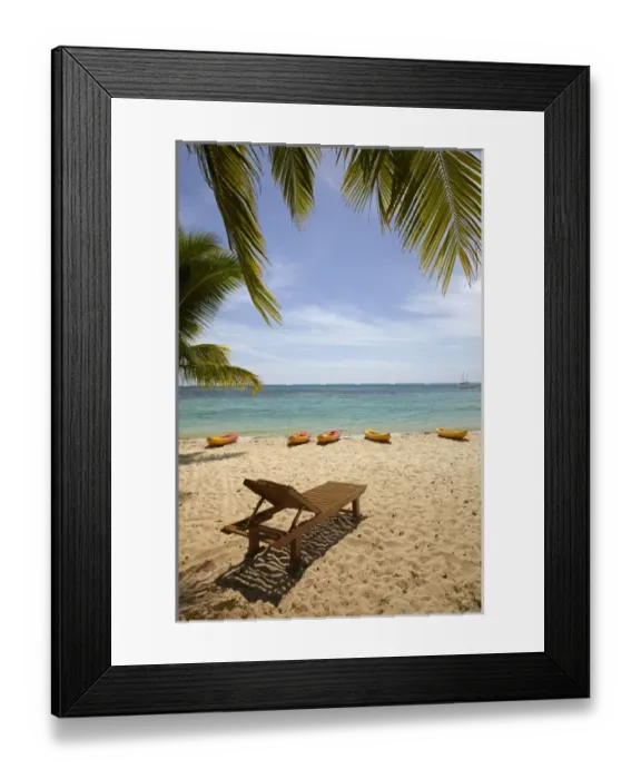 Framed Print : Beach, palm trees and lounger, Plantation Island Resort, Malolo Lailai Island, Mamanuca Islands