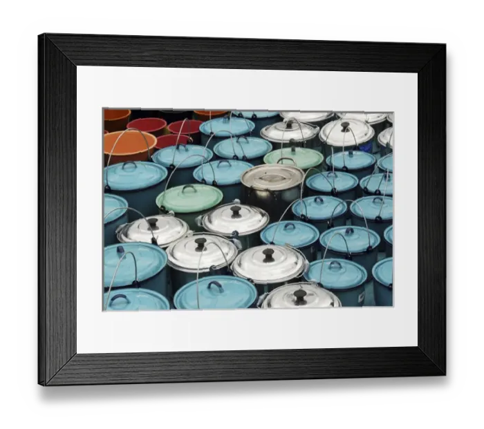 Framed Print : Mexico, San Juan de Chamula, metallic buckets with handles in abundance displayed Framed Print : Mexico, San Juan de Chamula, metallic buckets with handles in abundance displayed