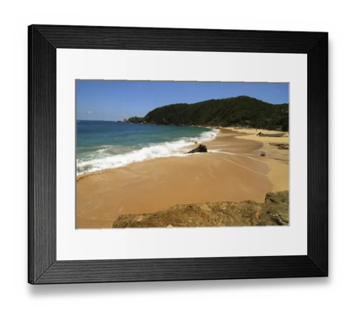 Framed Print : Mexico, Mazunte, scenic view of beach with mountains and houses in the background