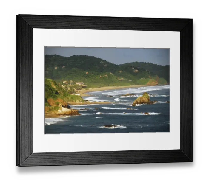 Framed Print : Mexico, Mazunte, scenic view of sea with houses on green mountain in background against Framed Print : Mexico, Mazunte, scenic view of sea with houses on green mountain in background against