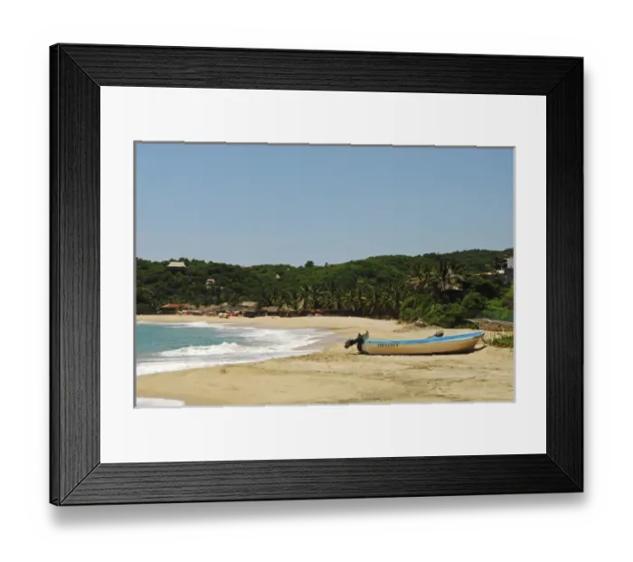 Framed Print : Mexico, Mazunte, view of a nautical vessel moored on sand at the shore of the beach with trees