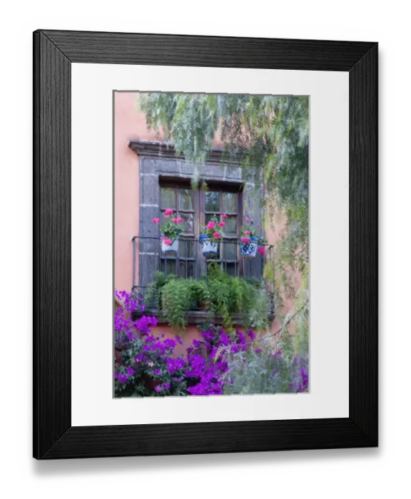 Framed Print : San Miguel de Allende, Window with geraniums and bougainvillia