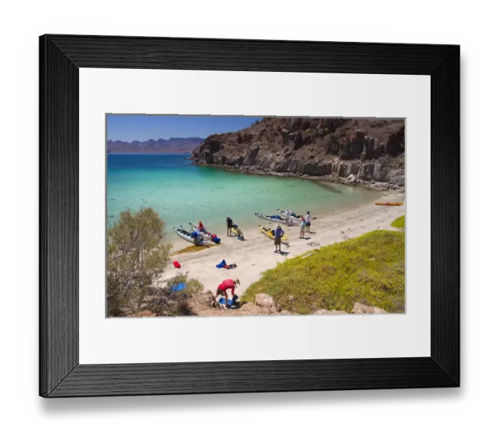 Framed Print : Mexico, Baja, Sea of Cortez. A sea kayaking rest stop at azure-colored Honeymoon Framed Print : Mexico, Baja, Sea of Cortez. A sea kayaking rest stop at azure-colored Honeymoon