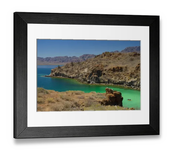 Framed Print : Mexico, Baja, Sea of Cortez. Men in a double sea kayak paddle into azure-colored Framed Print : Mexico, Baja, Sea of Cortez. Men in a double sea kayak paddle into azure-colored