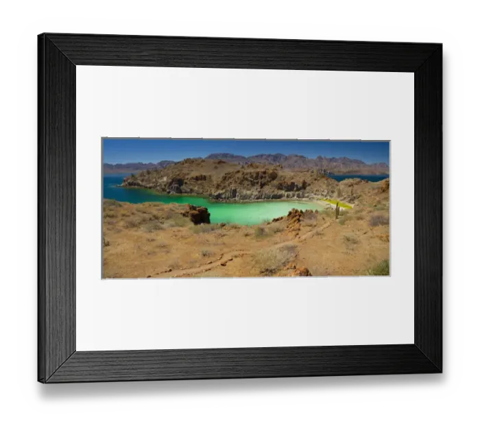 Framed Print : Mexico, Baja, Sea of Cortez. Trail above azure-colored Honeymoon Cove on Isla Danzante Framed Print : Mexico, Baja, Sea of Cortez. Trail above azure-colored Honeymoon Cove on Isla Danzante