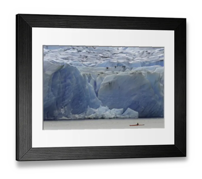 Framed Print : Kayaker exploring Grey Lake and massive Grey Glacier, Torres del Paine National Park