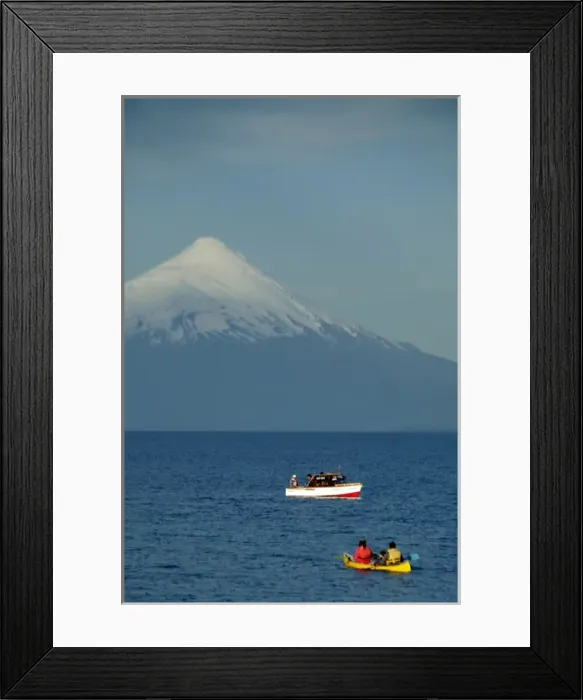 Framed Print : South America, Chile, Puerto Varas. Boats on Llanquihue Lake with the Osorno Volcano