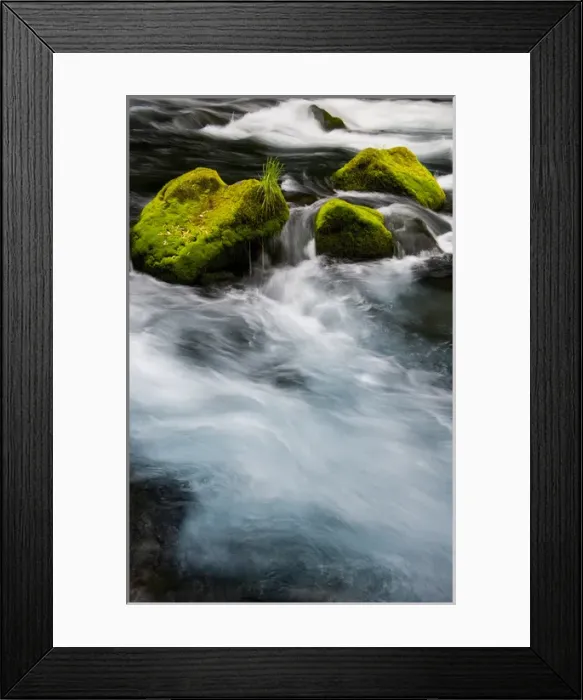 Framed Print : Chile. South America. Moss-covered boulders in Rio Caburgua (also know as Rio Desage)