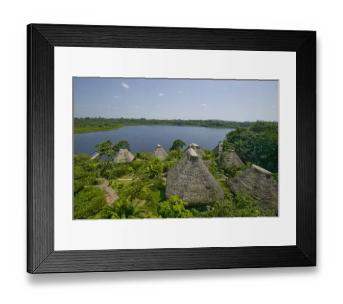 Framed Print : South America, Ecuador, Napo Wildlife Center. Overview of thached huts and lake. Credit as Framed Print : South America, Ecuador, Napo Wildlife Center. Overview of thached huts and lake. Credit as