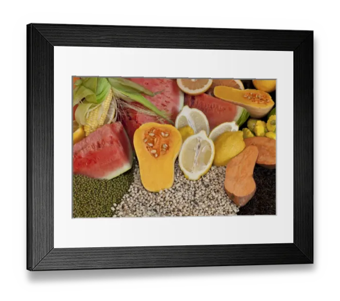 Framed Print : South America, Mexico, Tecate. Display of fruit and grains at Rancho La Puerta. Credit as Framed Print : South America, Mexico, Tecate. Display of fruit and grains at Rancho La Puerta. Credit as