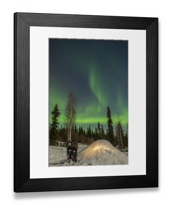 Framed Print : USA, Alaska, Fairbanks. A quinzee snow shelter and aurora borealis Framed Print : USA, Alaska, Fairbanks. A quinzee snow shelter and aurora borealis