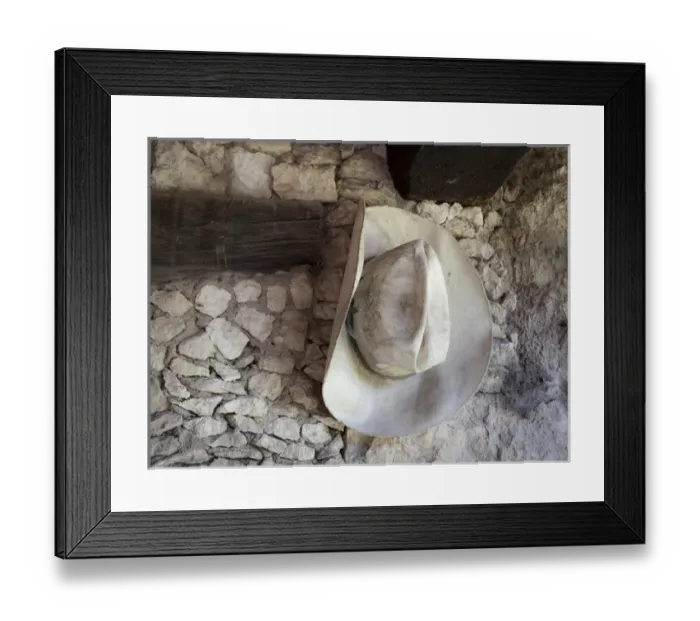Framed Print : South America, Mexico, Mineral de Pozos. Old cowboy hat hangs on wall. Credit as Framed Print : South America, Mexico, Mineral de Pozos. Old cowboy hat hangs on wall. Credit as