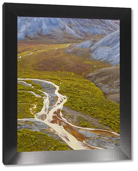 USA, Alaska, Brooks Range, Arctic National Wildlife Refuge. Aerial of mountains and Ivishak River