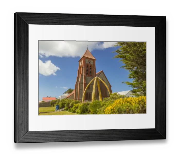 Framed Print : Falkland Islands, East Falkland, Stanley. Christ Church Cathedral and whalebone arch