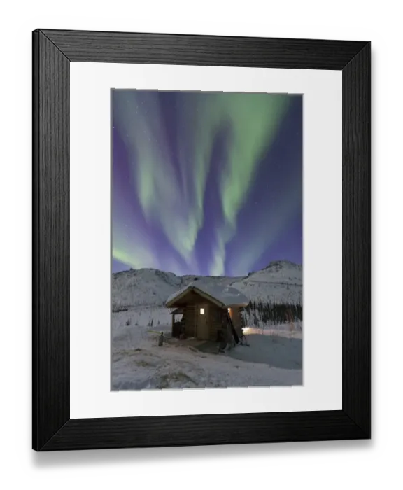 Framed Print : Northern Lights shimmer over the Caribou Bluff cabin in the White Mountain National Framed Print : Northern Lights shimmer over the Caribou Bluff cabin in the White Mountain National