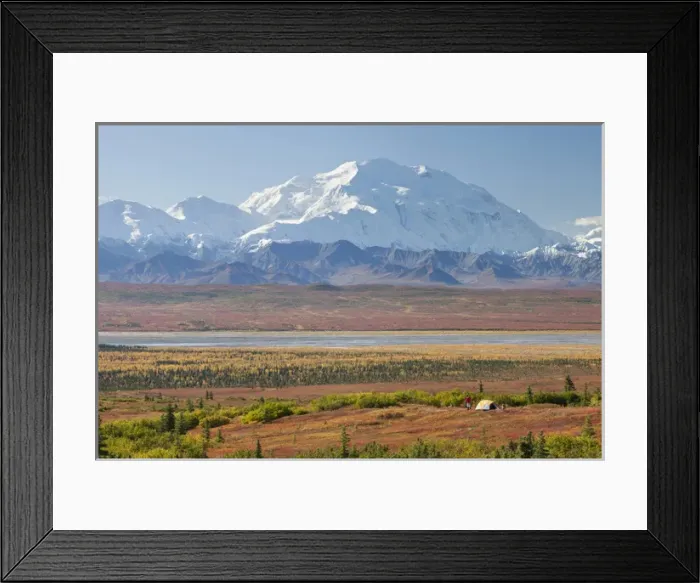 Framed Print : Denali National Park, Alaska, Mt. McKinley towers behind a camper and his tent Framed Print : Denali National Park, Alaska, Mt. McKinley towers behind a camper and his tent