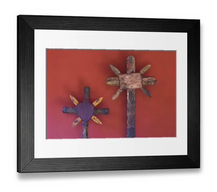 Framed Print : Mexico, San Miguel de Allende. Close-up of two wooden crosses against red wall. Credit as Framed Print : Mexico, San Miguel de Allende. Close-up of two wooden crosses against red wall. Credit as