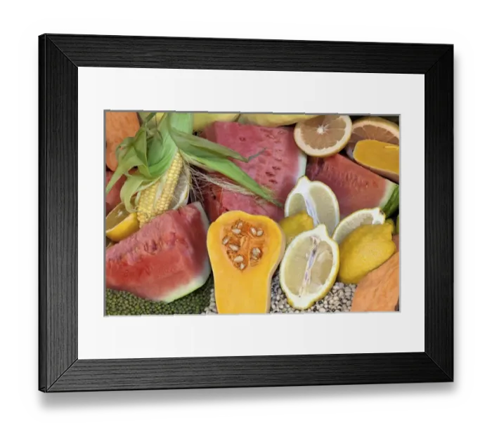Framed Print : South America, Mexico, Tecate. Display of fruit and grains at Rancho La Puerta. Credit as Framed Print : South America, Mexico, Tecate. Display of fruit and grains at Rancho La Puerta. Credit as