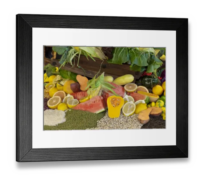 Framed Print : South America, Mexico, Tecate. Display of fruit and grains at Rancho La Puerta. Credit as Framed Print : South America, Mexico, Tecate. Display of fruit and grains at Rancho La Puerta. Credit as
