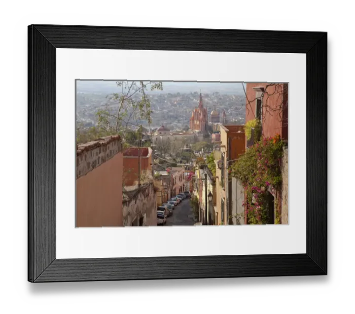 Framed Print : South America, Mexico, San Miguel de Allende. Street scene with overview of city Framed Print : South America, Mexico, San Miguel de Allende. Street scene with overview of city