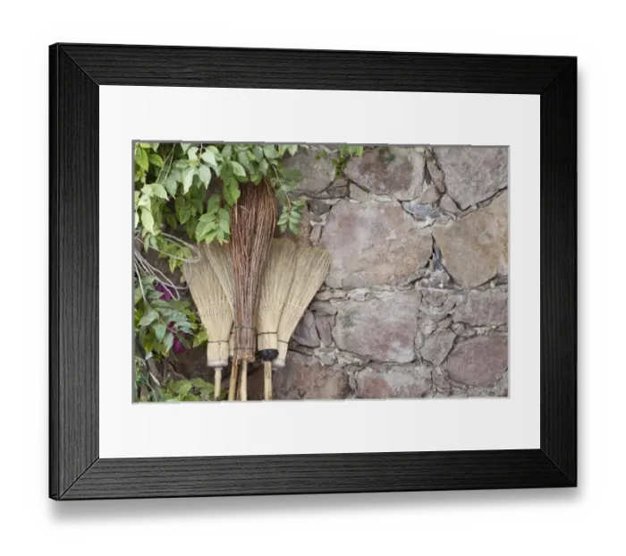 Framed Print : South America, Mexico, San Miguel de Allende. Brooms leaning against stone wall. Credit as Framed Print : South America, Mexico, San Miguel de Allende. Brooms leaning against stone wall. Credit as