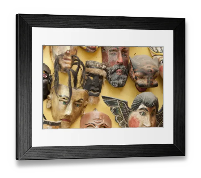 Framed Print : South America, Mexico, San Miguel de Allende. Close-up of masks on display in shop Framed Print : South America, Mexico, San Miguel de Allende. Close-up of masks on display in shop
