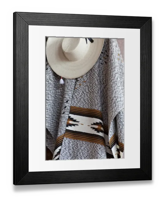 Framed Print : South America, Mexico, San Miguel de Allende. Close-up of hat and serape. Credit as
