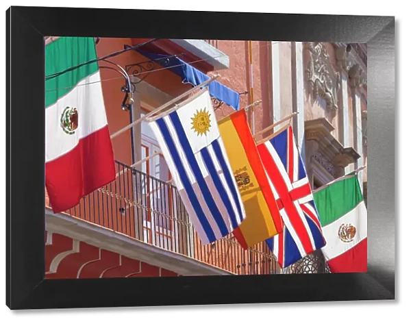 Mexico, Guanajuato. Flags displayed from balcony
