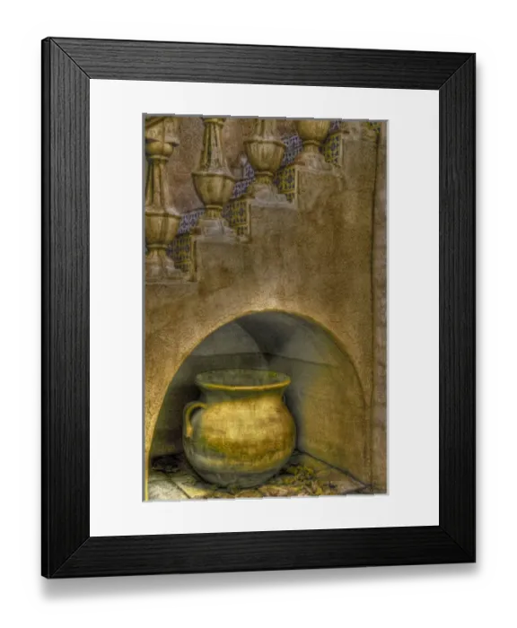 Framed Print : USA, Arizona, Sedona. Close-up of ceramic pot in niche under stairway. Credit as