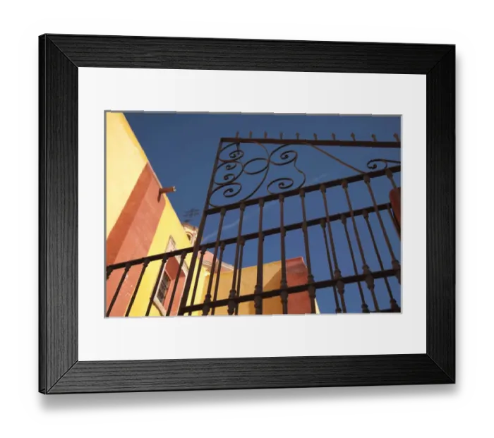 Framed Print : North America, Mexico, Guanajuato State, Guanajuato, detail of iron gate in fron tof yellow