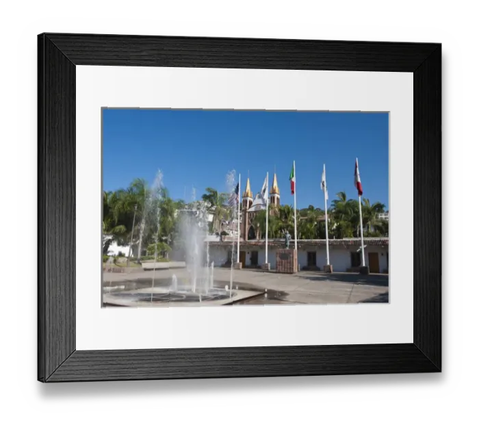 Framed Print : Mexico, Puerto Vallarta. Park Hidalgo with Iglesio del Rexugio, Puerto Vallarta, Mexico