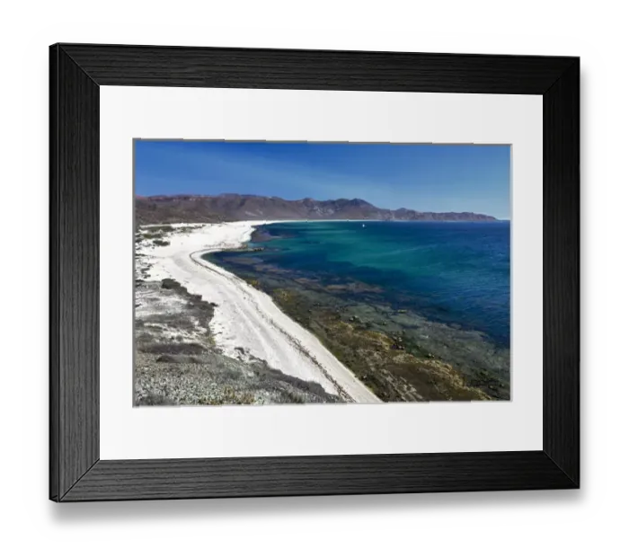 Framed Print : Isla de Espiritu Santo, Baja, Mexico, Elevated view of the crescent beaches and multi-colored Framed Print : Isla de Espiritu Santo, Baja, Mexico, Elevated view of the crescent beaches and multi-colored