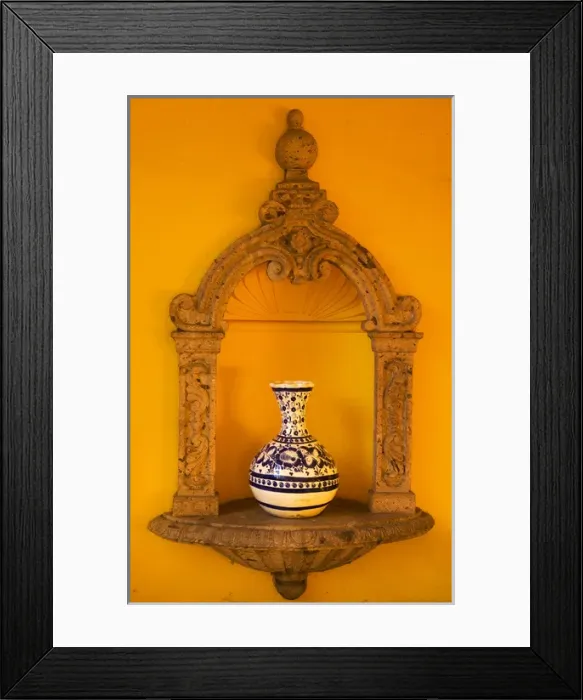 Framed Print : Yellow Adobe Wall, Blue White Mexican Vase, Guadalajara Mexico Framed Print : Yellow Adobe Wall, Blue White Mexican Vase, Guadalajara Mexico