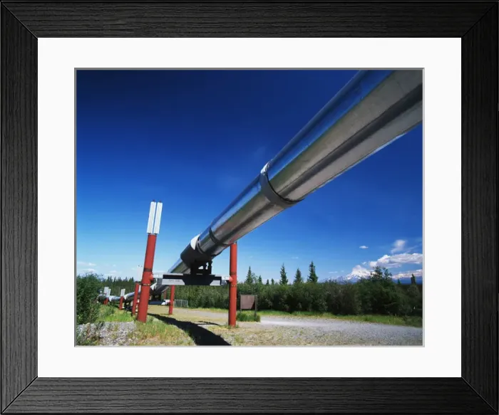 Framed Print : USA, Alaska, Trans Alaska crude oil pipeline and distant Mt Wrangell