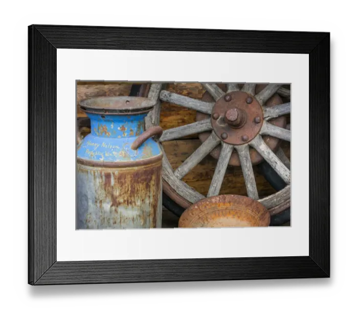 Framed Print : USA, Alaska. Antique milk can, wagon wheel and gold pan Framed Print : USA, Alaska. Antique milk can, wagon wheel and gold pan