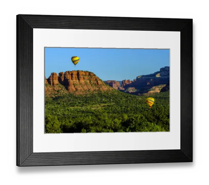 Framed Print : USA, Arizona. Hot-air balloons floats over Red Rocks State Park