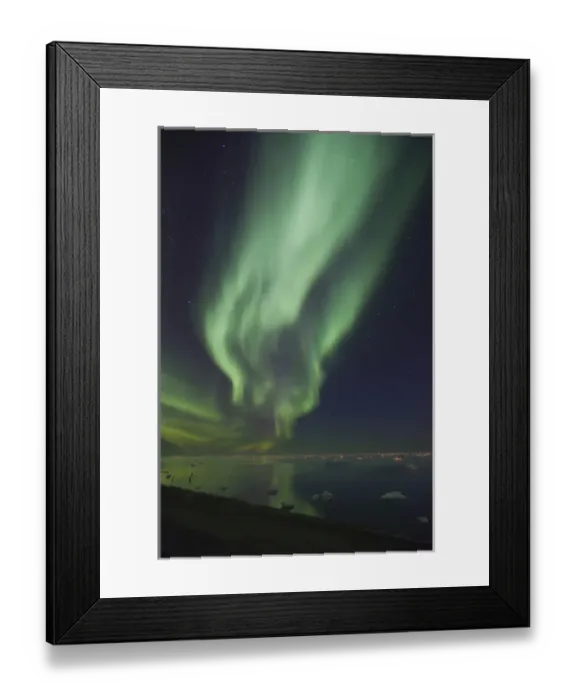 Framed Print : Curtains of Aurora Borealis are reflected in a perfectly calm Arctic Ocean, dotted Framed Print : Curtains of Aurora Borealis are reflected in a perfectly calm Arctic Ocean, dotted