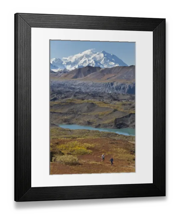 Framed Print : A couple of hikers enjoy spectacular views on a sunny fall day of Mt Framed Print : A couple of hikers enjoy spectacular views on a sunny fall day of Mt