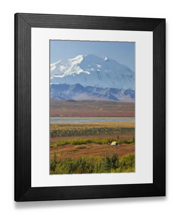 Framed Print : Denali National Park, Alaska, Mt. McKinley towers behind a camper and his tent Framed Print : Denali National Park, Alaska, Mt. McKinley towers behind a camper and his tent