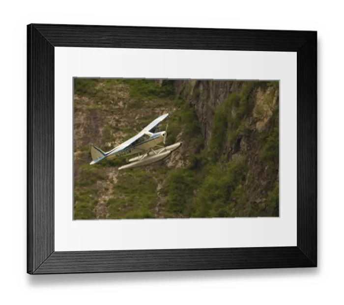 Framed Print : A bush pilot flies his float plane close to mountain in Alaskan canyon