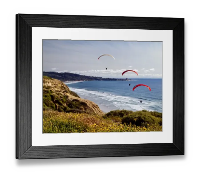 Framed Print : USA, California, La Jolla, Paragliders float toward La Jolla Shores Framed Print : USA, California, La Jolla, Paragliders float toward La Jolla Shores